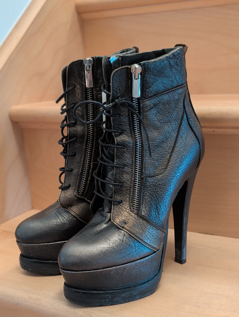 Mimosa Italy Vero Cuoio Black Bronze Metallic Leather High Heel Boots 7.5, 38 EU